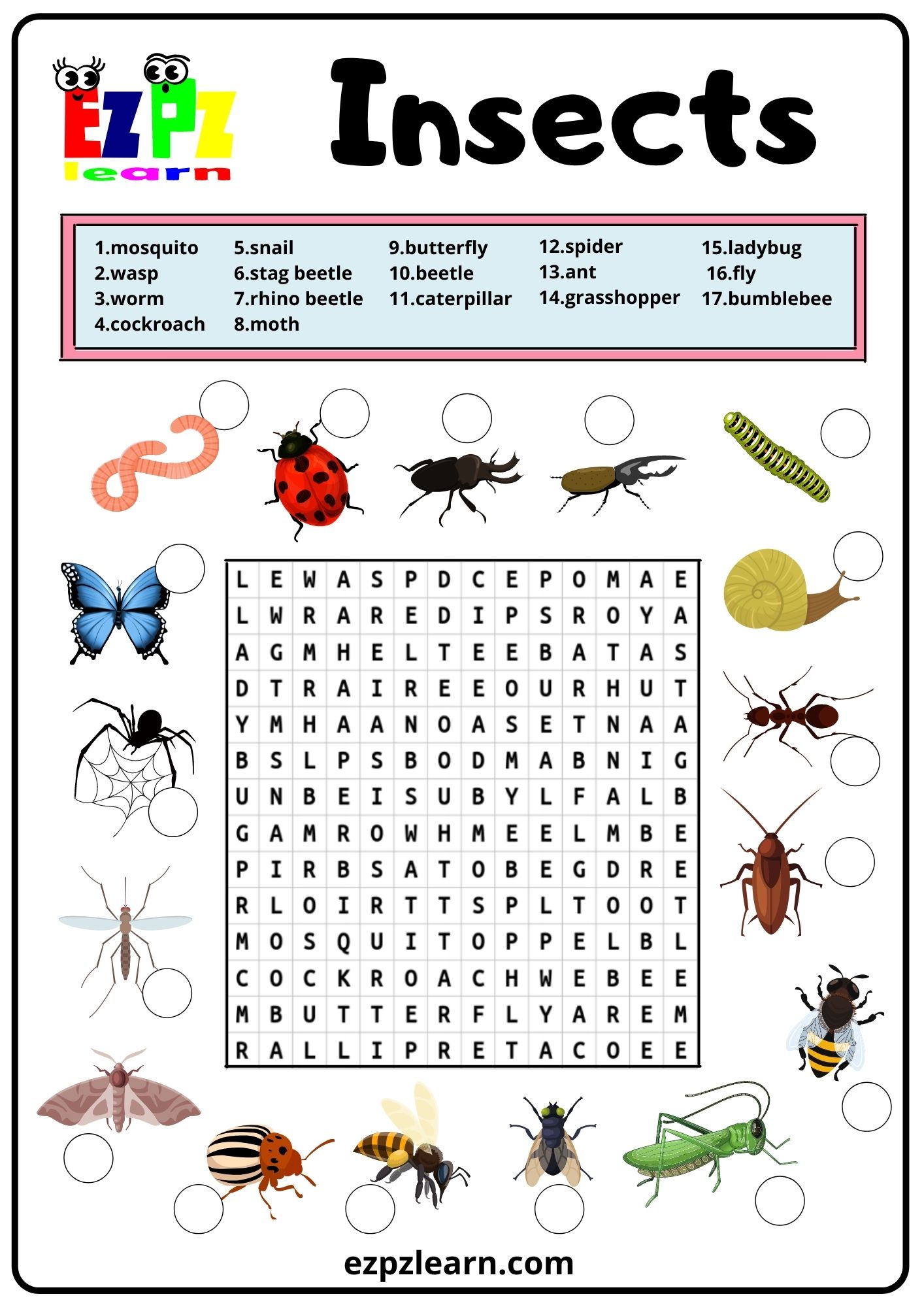 Insects And Bugs Word Search 2 Ezpzlearn